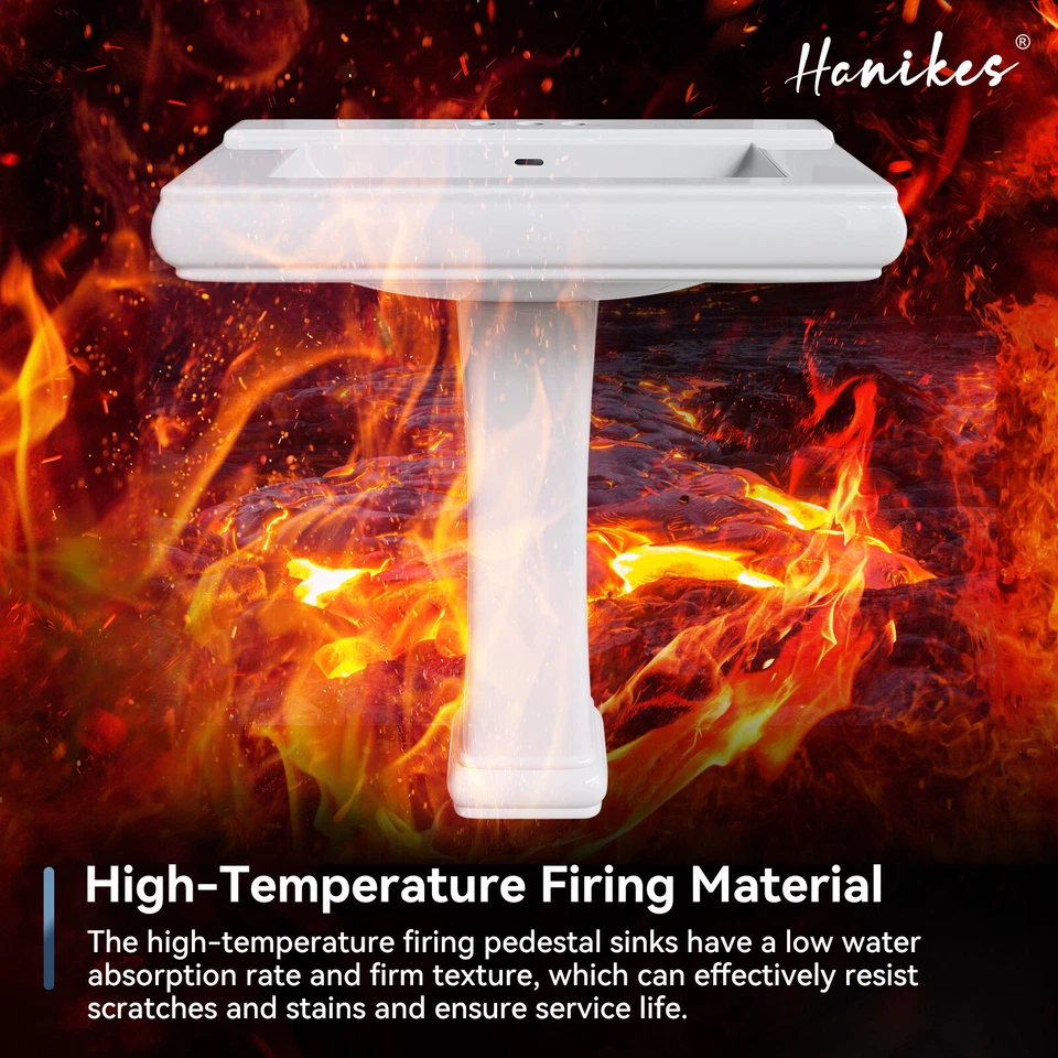 Fregadero de baño con pedestal de porcelana vítreo rectangular blanco de 34" de alto con desbordamiento Foto 3 de 4