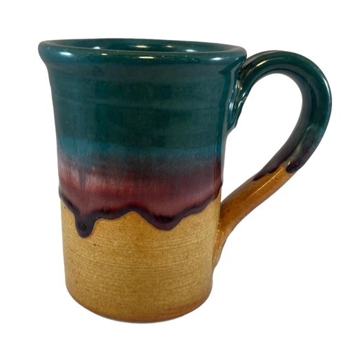 VTG. Rare 1993 Signed Gloss Drip Studio Pottery Beer Stein Mug Teal/Wine/Brown