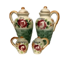 VintageJapan Cruet Oil & Vinegar ,Salt Pepper Shakers Flowered  6 1/2” Tall