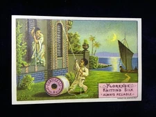 Florence Knitting Silk Corticelli Spool Trade Card Ship Moon & Rescue 1890’s
