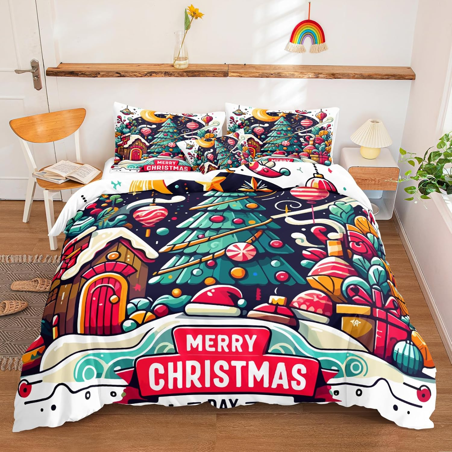 Christmas Queen Size Duver Cover Set Red Christmas Bedding Set Cute Home Decor M