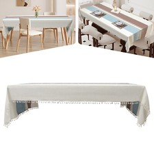 118 55" Coffee Blue Rectangular Tablecloth Stripes Table Cover W/tassel Napkins