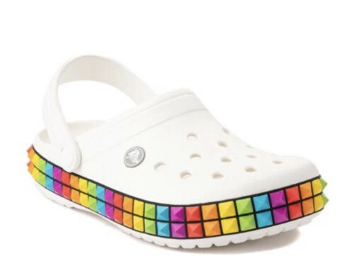 White crocs with sales rainbow writing
