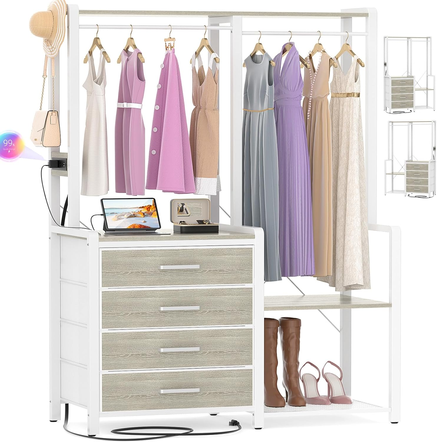 Small Clothes Rack & Garment Rack with 4 Drawers Storage Shelves Charging Statio-image