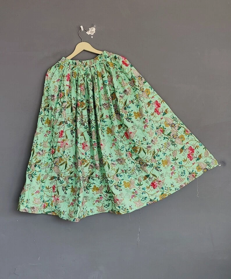 Indian Pure Cotton Green Floral Skirt Women's Clothing Long skirt Beach skirt US