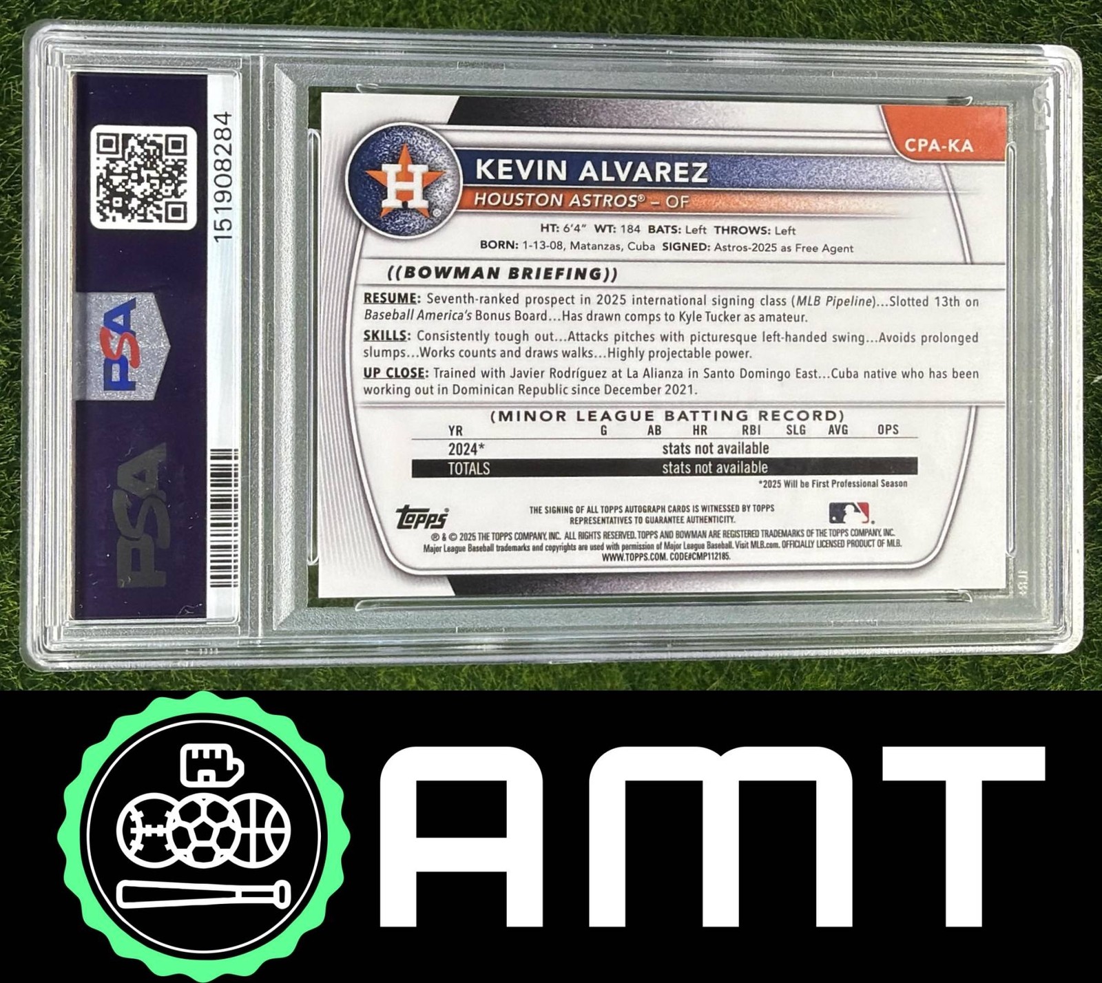 Kevin Alvarez Auto PSA 9 2025 Bowman Chrome 122/250 Purple Astros 1st 8284 view 2