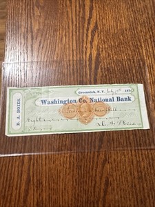 1872 Used Check From Washington Co. National Bank, Greenwich NY