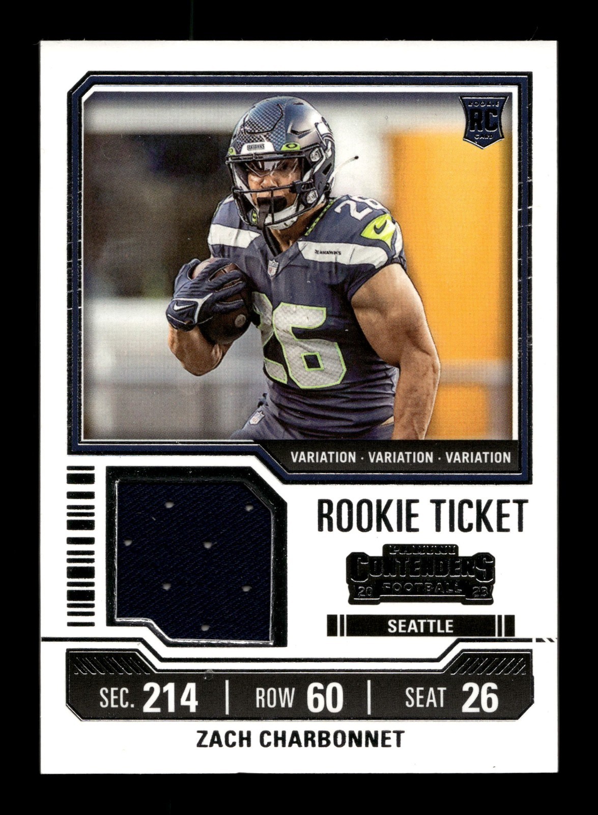 2023 Panini Contenders Ticket Zach Charbonnet RC Rookie Worn Relic SEAHAWKS