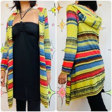 Y2K Rainbow Striped Hooded Cardigan Southwestern Boho Fairy Grunge Sweater M/L