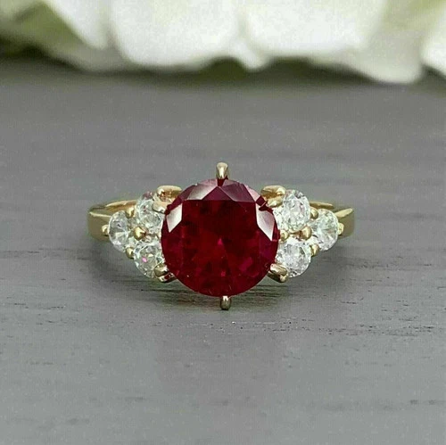 2CT Round Lab Created Red Ruby Women's Engagement Ring 14k Yellow Gold Plated