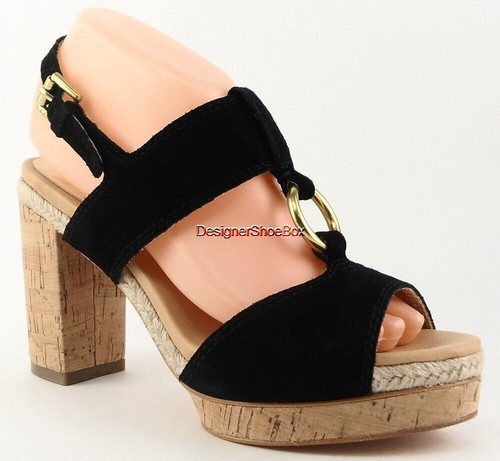 $198 COACH VALEANN Black Suede Designer Cork Platform Strappy Sandal 8.5 - Picture 2 of 4