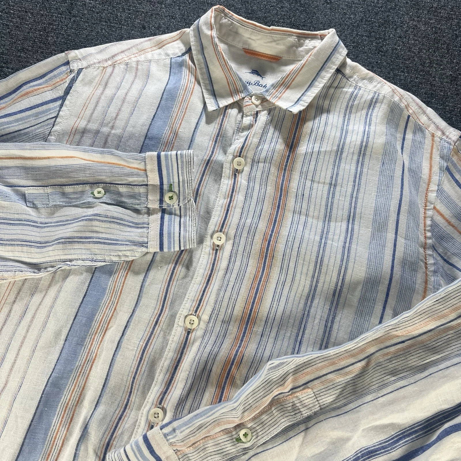 Tommy Bahama Relax Linen Men's Button Up Shirt XL White Stripes Long Sleeve