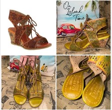 L'Artiste Spring Step Osocool Lemon Leather Cork Floral Wedge Sandals Size 40