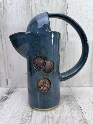 Signed Studio Pottery Pitcher Blue Glaze Sculptural DOTS Lg Handle MCM Simple