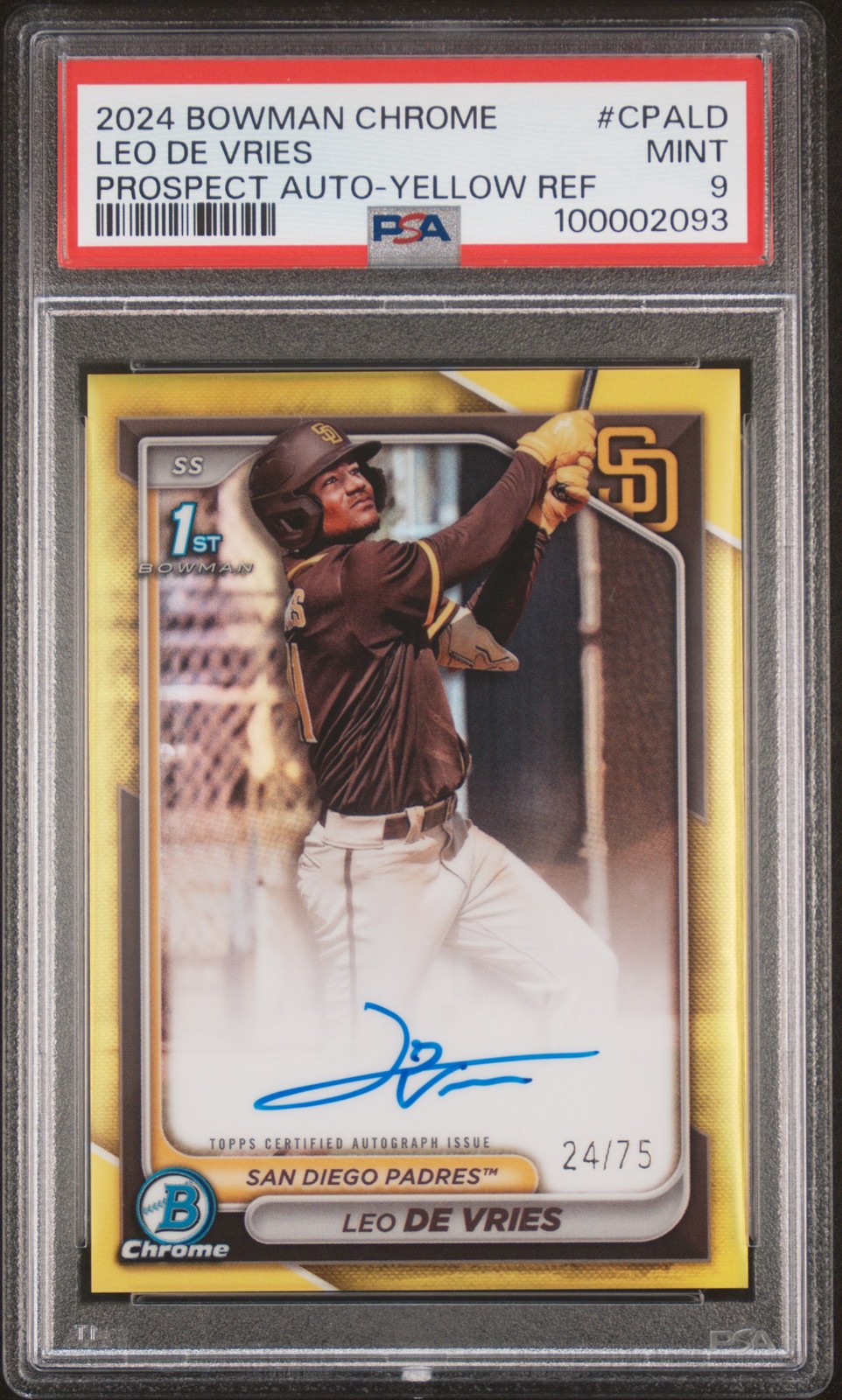 2024 BOWMAN CHROME PROSPECT AUTO YELLOW REFRACTOR #CPALD LEO DE VRIES /75 PSA 9