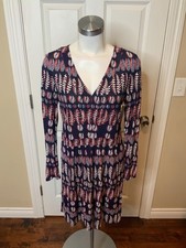 Tory Burch Navy Blue W/ Multicolor Leaf Pattern V-Neck Dress, Size M