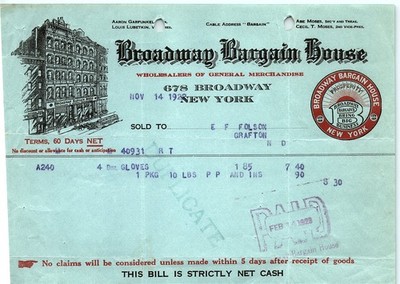 1923 Broadway Bargain House NYC billhead, gen merchandise