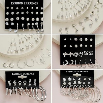 Silver Stud Earrings Set Gift for Best Friend BFF Sister Pearl Hoop Earrings gif
