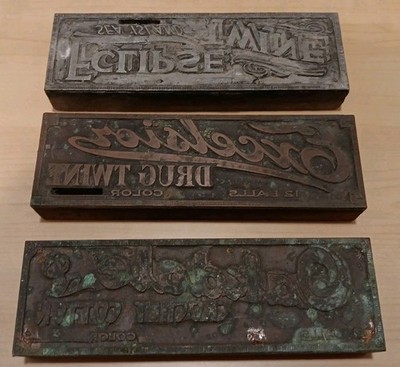 3 Vintage Antique Advertising Printing Blocks Plates Drug Twine Crochet Cotton