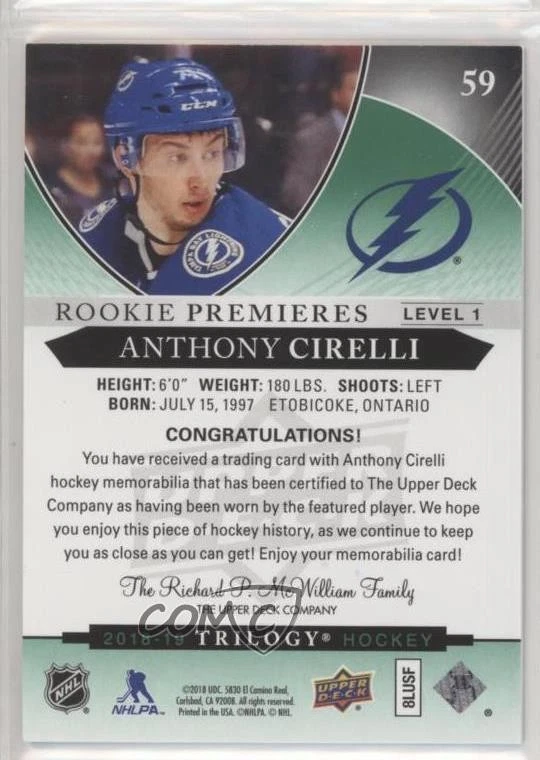 2018 Trilogy Rookies Jersey Green Foil Relics /499 Anthony Cirelli #59 Rookie RC - Image 2 of 2