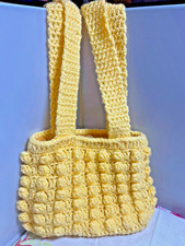 Vintage 70s Style Yellow Popcorn Crochet Shoulder Bag Boho Hippie Festival Purse