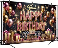 Happy Birthday Backdrop Banner for Women Girls 5.92 ft x 3.58 ft, Gold Pink