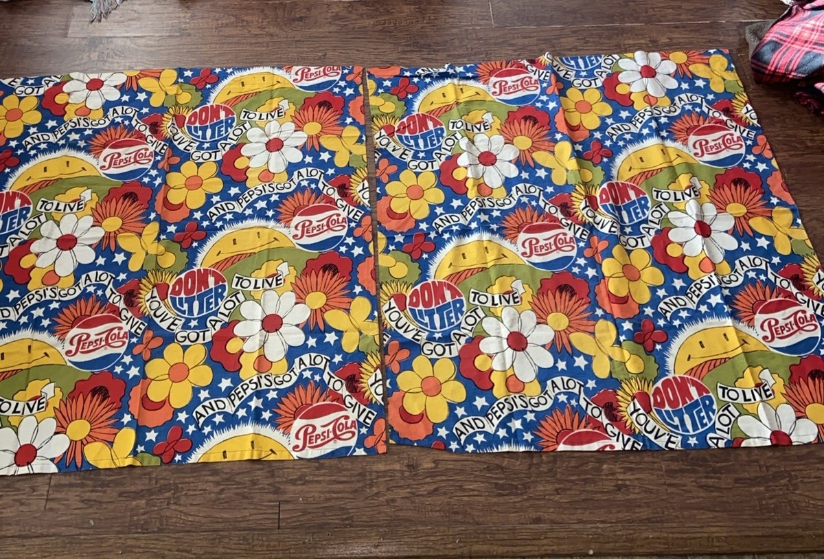 Vintage Sears Set of 2 Curtains /Pepsi Logo Hippie Flower Power