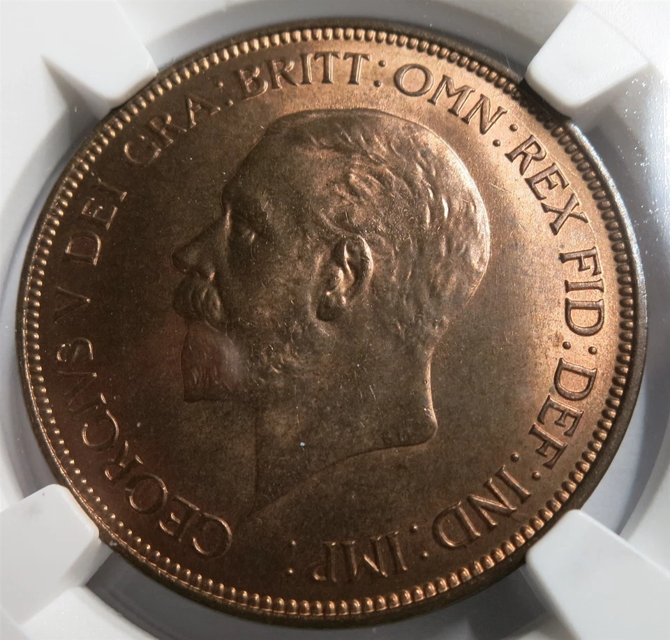 GREAT BRITAIN UK England 1 Penny 1935 NGC MS 65 RB UNC Bronze King George RED - Image 2 of 4