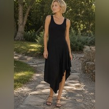 KAREN KANE Black Sleeveless Pull-over Dress USA Asymmetrical Geo Swing Hem Sm
