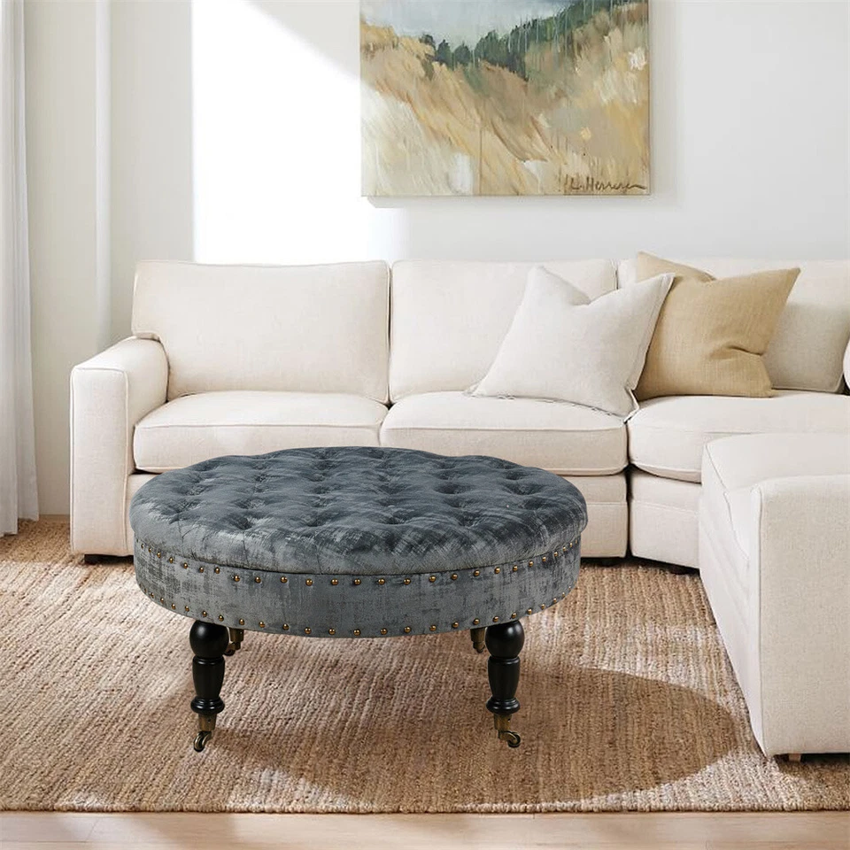 Large Upholstered Tufted Button Velvet Round Ottoman Coffee Table Caster Wheels - Image 4 of 4
