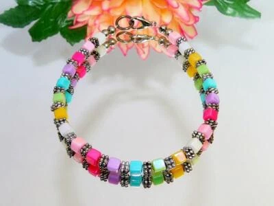 zartes Armband bunt weiß rot grün türkis pink gelb mehrfarbig AB silber 141a - Bild 1 von 4