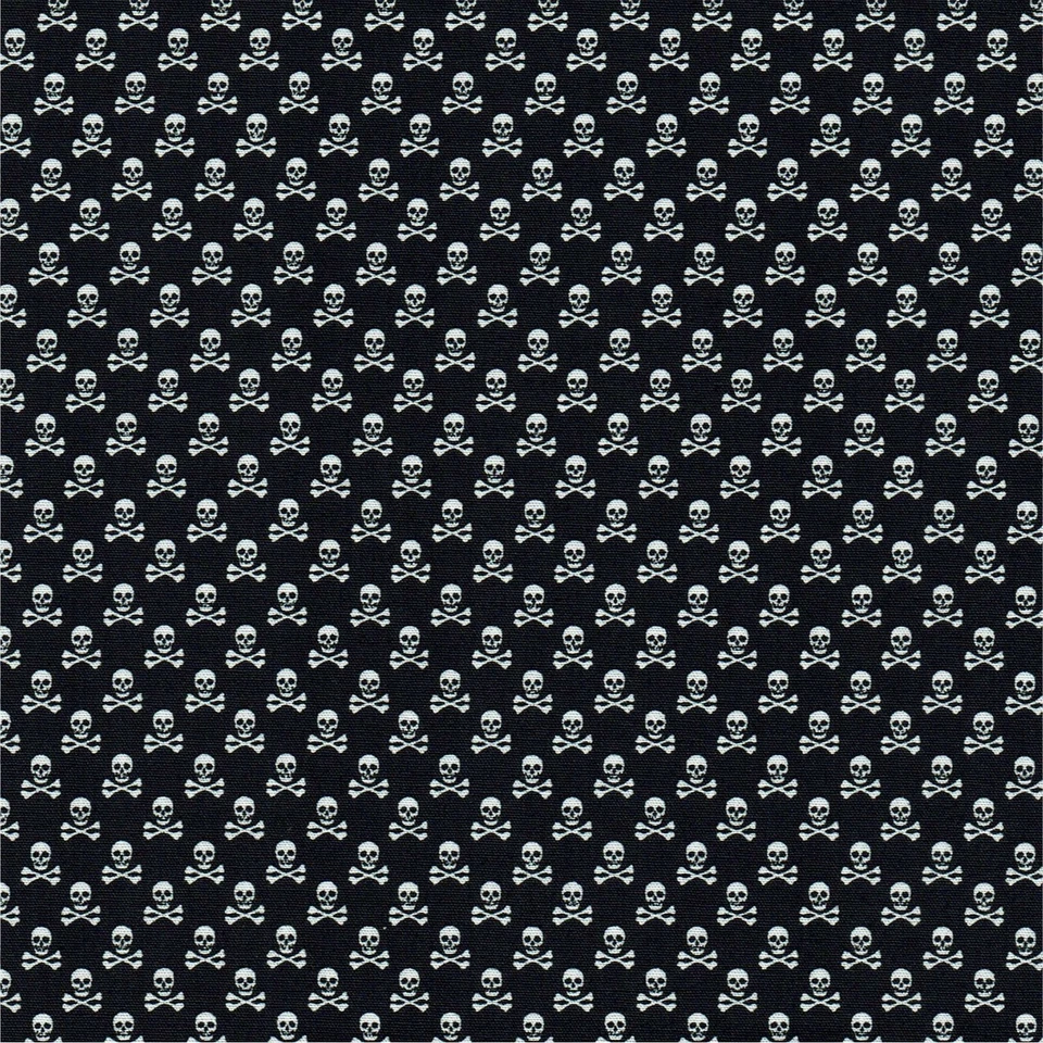 STOF Mini calavera y huesos cruzados popelina de algodón negro, 145 cm de ancho, tela por medio metro