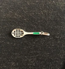 Vintage Sterling silver charm tennis racket green enamel handle Wimbledon 3g