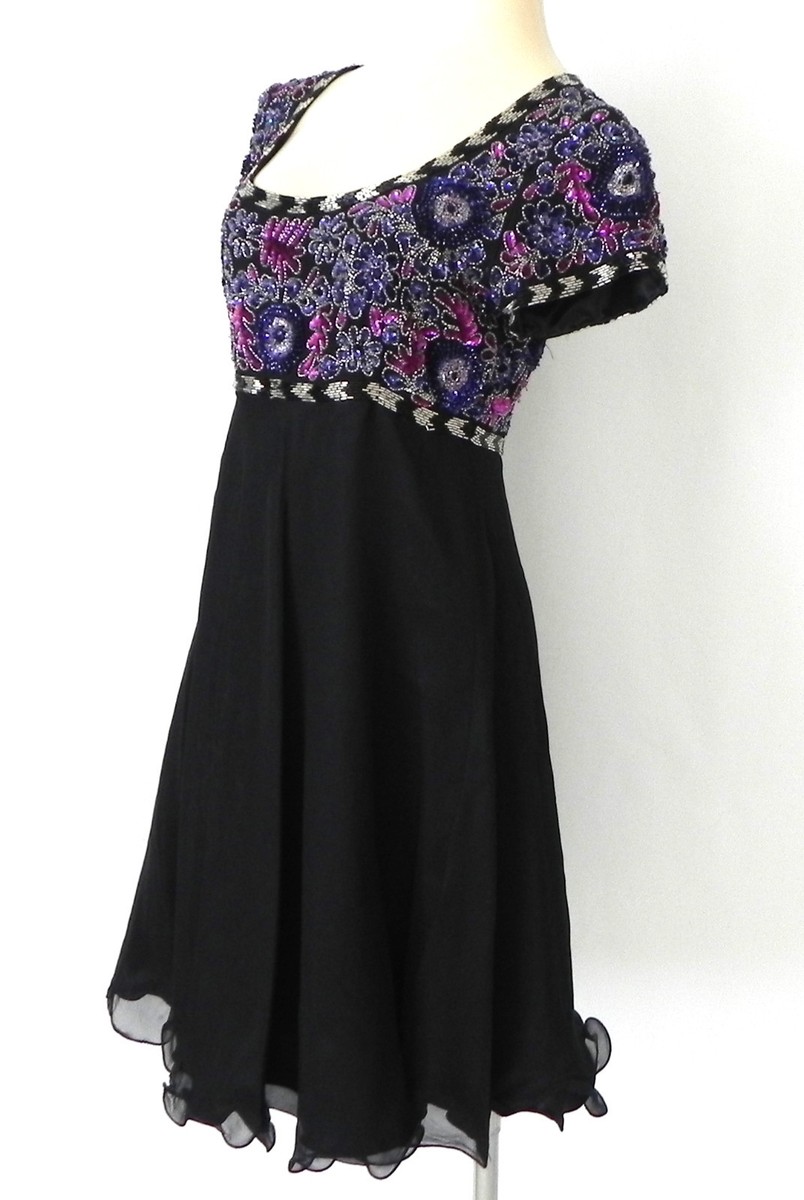 Vtg Night Vogue Dress Sequin Top/Swing Mini Skirt Empire Waist 100% Silk  Size PS