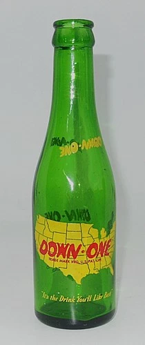Circa 1940's DOWN-ONE 7 oz. Green Soda Bottle Bottling Co. Stockton, Calif.