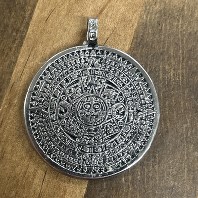 #ad Silver Tone Aztec Mayan Sun Calendar Mexico Disc Pendant Charm $22.22