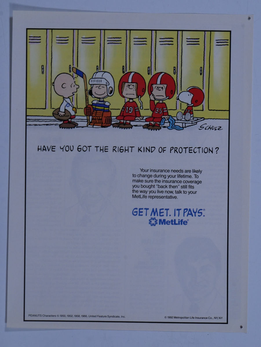 1992 Peanuts Snoopy Charlie Brown Metlife Hockey Vintage Original