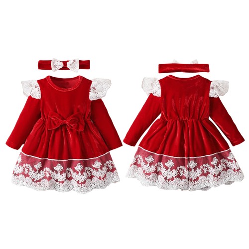 Baby Girls Velvet Long Sleeves Christmas Outfits Princess Dresses Bowknot Xmas - Picture 4 of 18