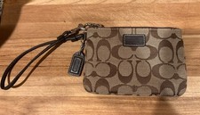 Coach Classic Signature Logo Brown Canvas Wristlet Wallet with Strap