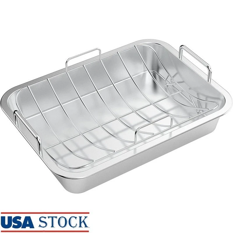 Durable Stainless Steel Roasting Pan W/ U Rack Deep Handles Easy Cleaning New