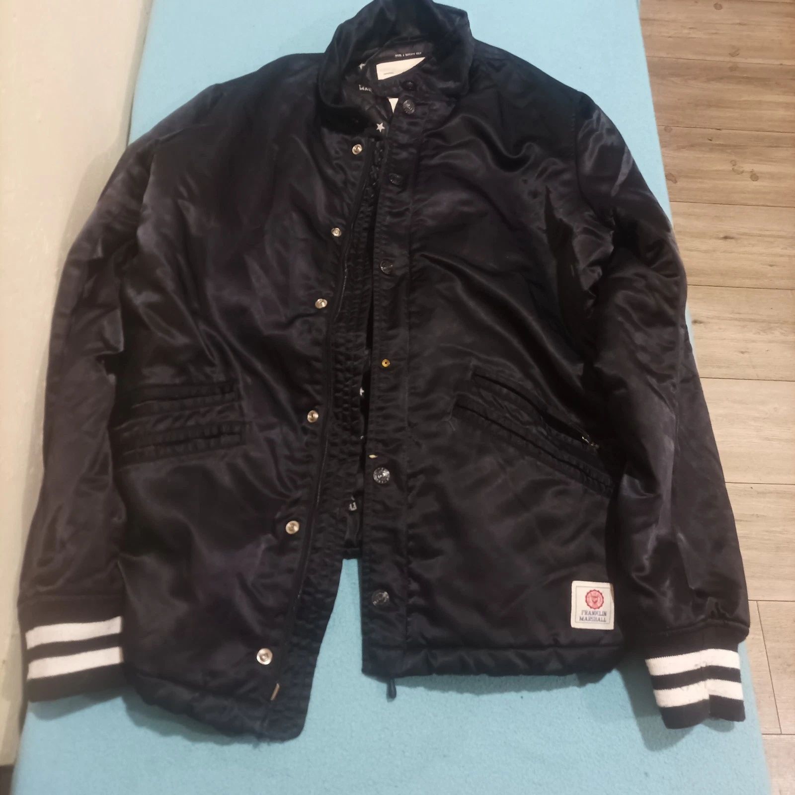 Franklin & Marshall Varsity Bomber Jacket Black Satin - Size L - Good Condition - product detail image 1