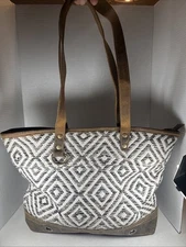 Large MYRA Tote Bag Purse Leather & Textile Gray/White Brown Leather w/ Metal
