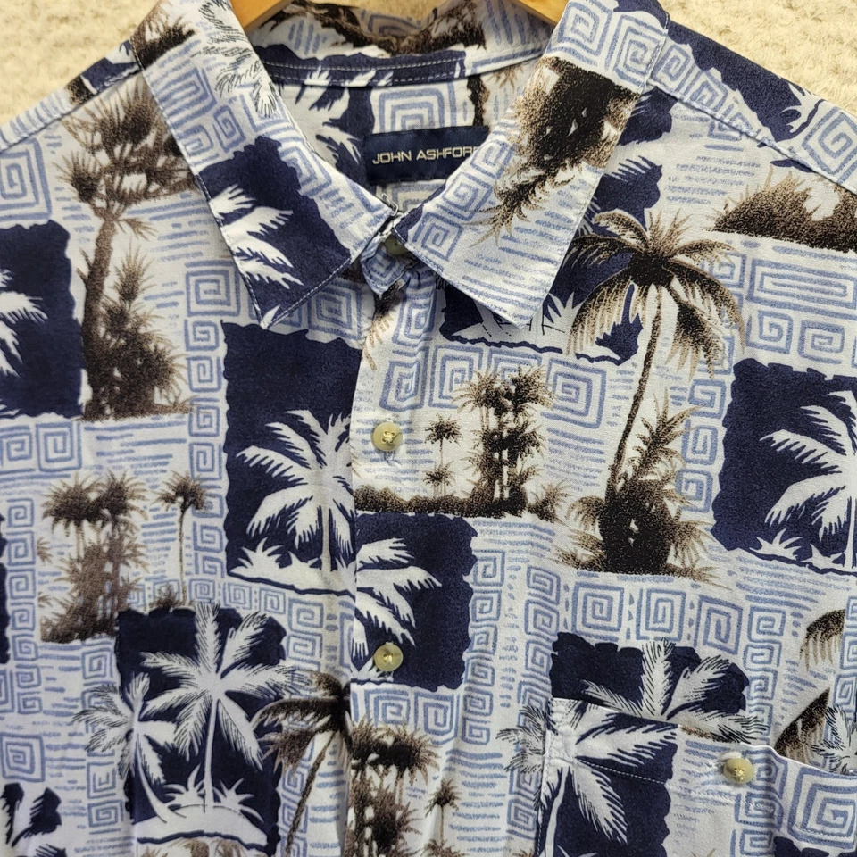 Camisa John Ashford Hawaiana Abotonada Para Hombres XL Azul Palmera Tropical Foto 2 de 4