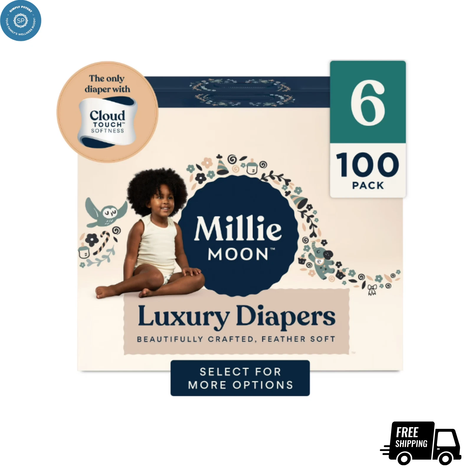 (2 pack) Ultra Absorbent Millie Moon Luxury Diapers, Size 6, 50 Count