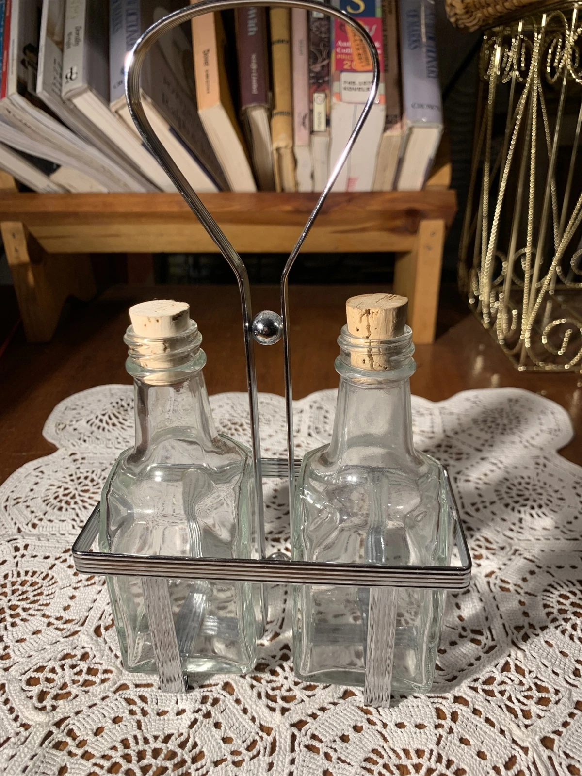 Vtg 70s Vinegar Oil Cruet Bottles W/ Metal Caddy Stand~New Corks~MCM~Taiwan
Opens in a new window or