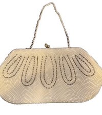 Vintage 50s Beaded Evening Purse Bag Clutch White Seed Pearls Hand Made in Japan