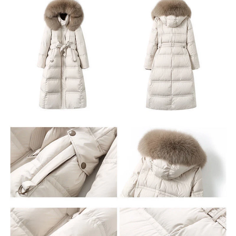 New Real Fox Fur Collar Down Jacket Women Slim Waist Long White Duck Down Jacket - Image 2 of 4