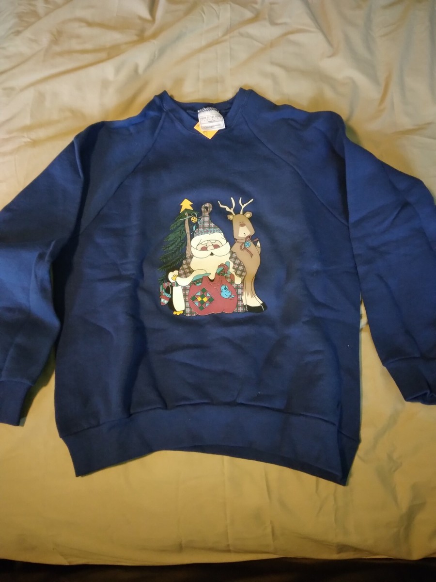 Adult M Blue Sweatshirt with Santa Reindeer Penguin Fabric fiber