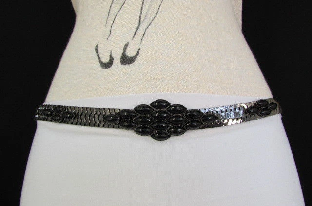 Mujeres Plateado Metal Estrecho Moda Cinturón Cadera Cintura Hoja Blanco Negro Bling S M L Foto 3 de 4