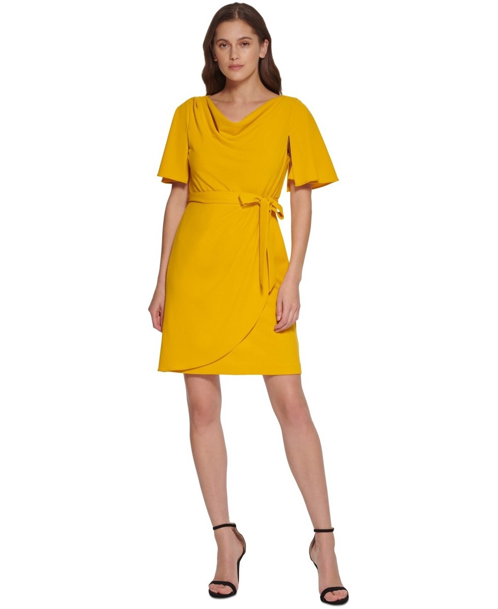 DKNY Flutter-Sleeve Cowl-Neck Tie-Waist Dress Golden Spice Size 16 $129